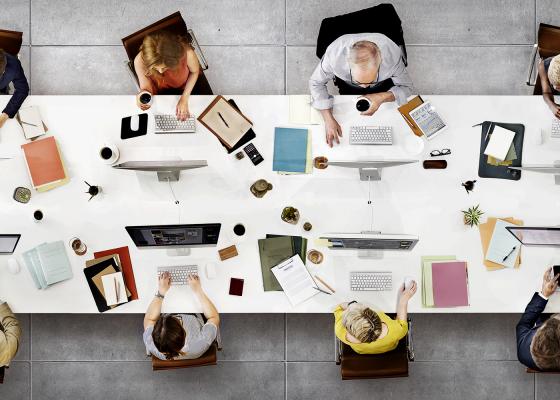 Top view of team working at a long table on their computers.