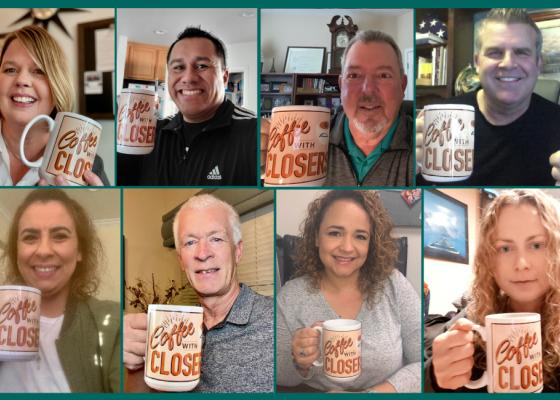 Photos of people holding coffee mugs on webinar screen.